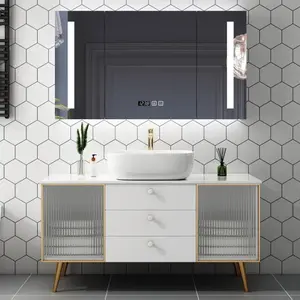 Modern White Oak Bathroom Vanity Set with Smart Mirror and Marble Countertop