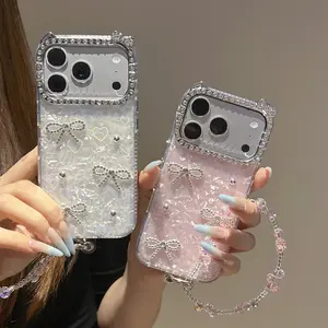 Laser Love Heart Bow Smartphone Case with Elegant Crystal Accents & Handheld Bracelet Accessory, Protective Cover for iPhone 11-17 Pro Max, Pro Max Fit for Handheld Devices