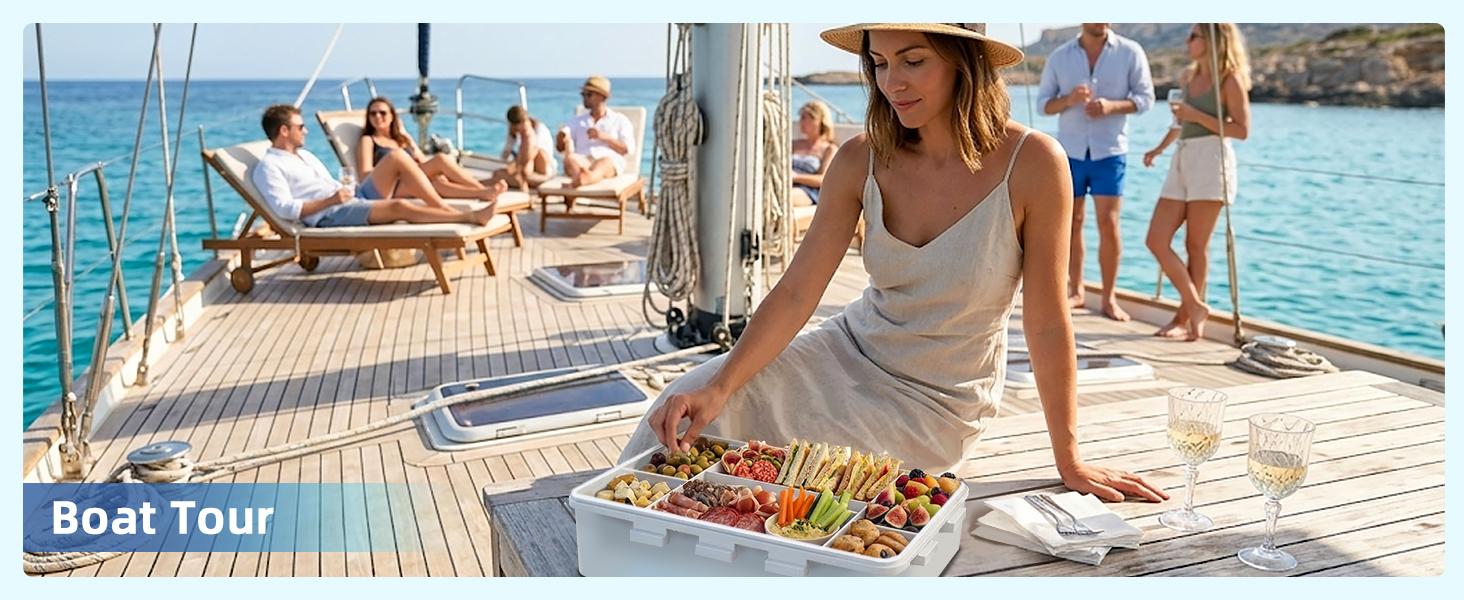 Chilled Snack Box Container with Ice Pack, Portable Travel Food Containers with Lids, Keep Cheese and Fruits Remained Fresh for Hours, Divided Serving Tray for Family Road Trip Beach Picnic