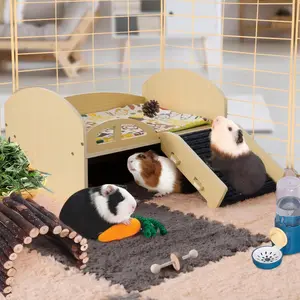Wooden Hamster Cage, Multi-Level Small Animal Bed with Stable Stairs, Mat, Wear-Resistant Hideout Platform for Guinea Pigs, Bunnies,summervibes