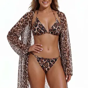 Sexy Leopard Print Bikini 3 Piece Set, See Through Cover Up Robe, Ring Front Halter Top, String Thong, Summer Beach Swimwear
