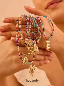 Colorful Seed Bead Initial Letter Necklace for Women, Personalized Initials A-Z Alphabet Charm, Handmade Boho Rainbow Beaded, Summer Beach Jewelry