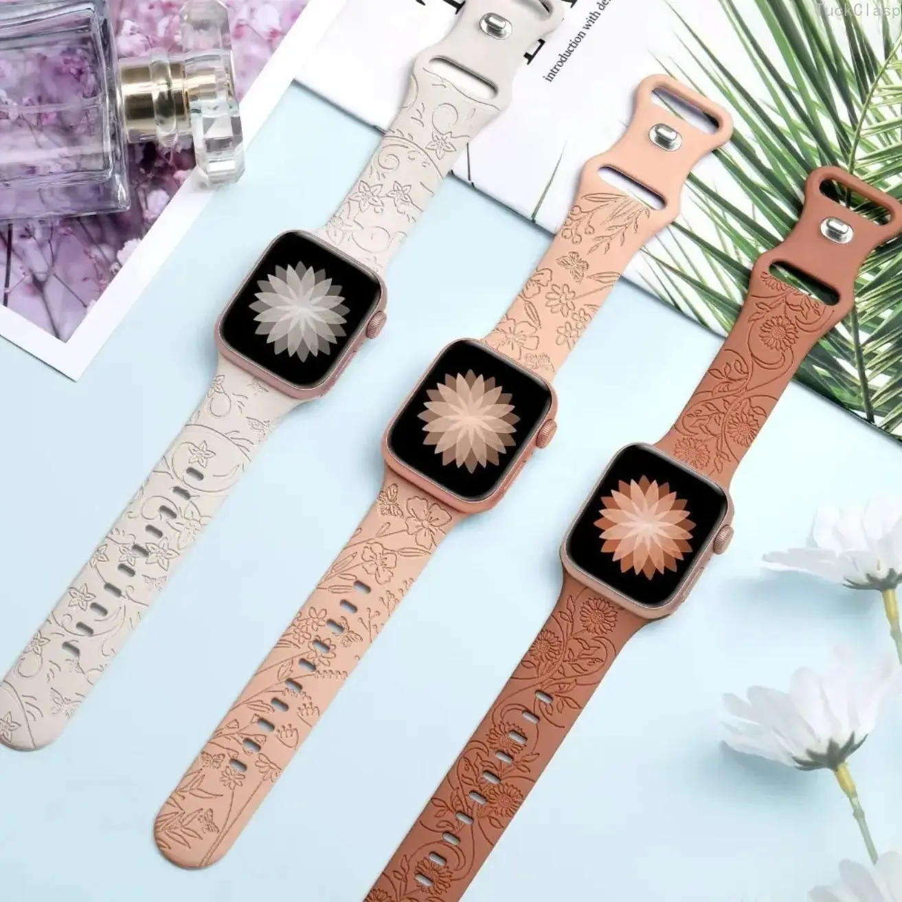 Floral Engraved Apple Watch Band, Stylish Strap for Series & Ultra (38–49mm), Elegant Comfortable Replacement for Everyday & Spring Wear