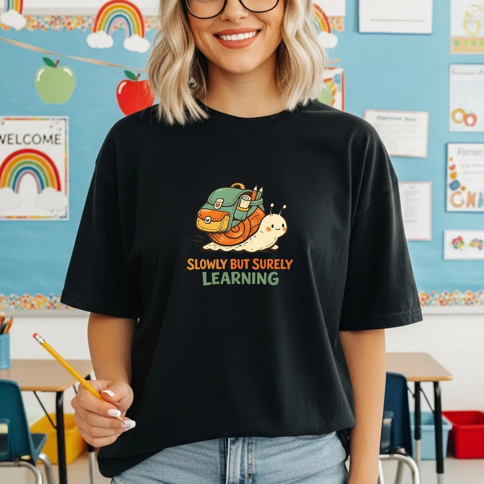 Snail Back to School T-Shirt: Slowly Learning with Backpack, Kawaii Teacher Student Outfit
