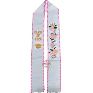 2026 Yellow and Pink Roses w/ Pink border -  White Stole Sarape Sash IN STOCK