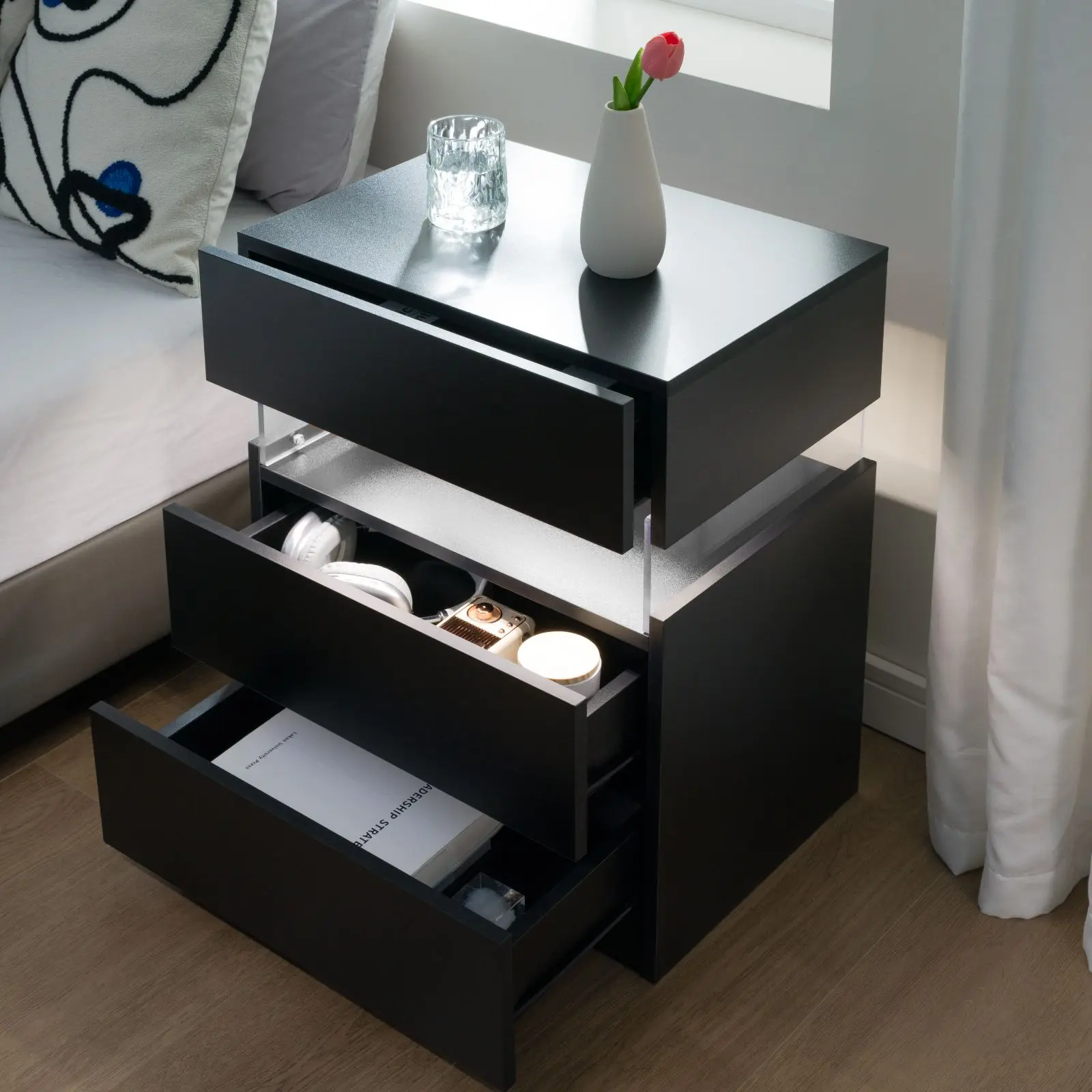 High-End Modern LED Nightstand with 3 Drawers, Acrylic Board, RGB LED Light & Remote Control Modes - Black Bedroom End Table, Office Bedside Furniture