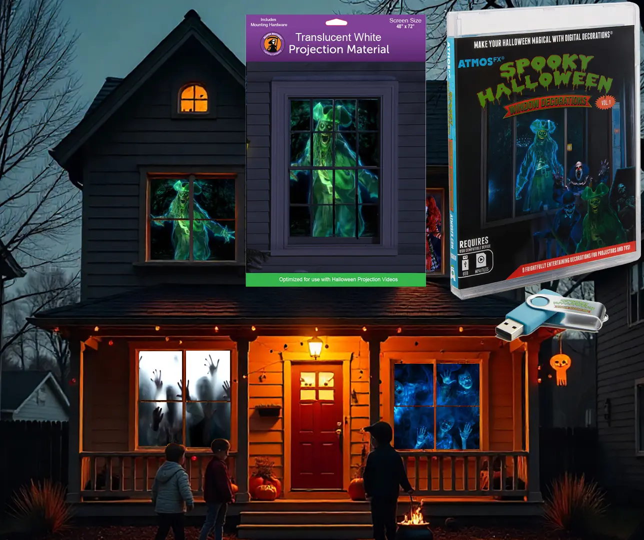 Spooky Halloween Digital Decoration Kit Includes 9 AtmosFX Video Effects for Halloween Plus 48” x 72” Holographic Projection Screen