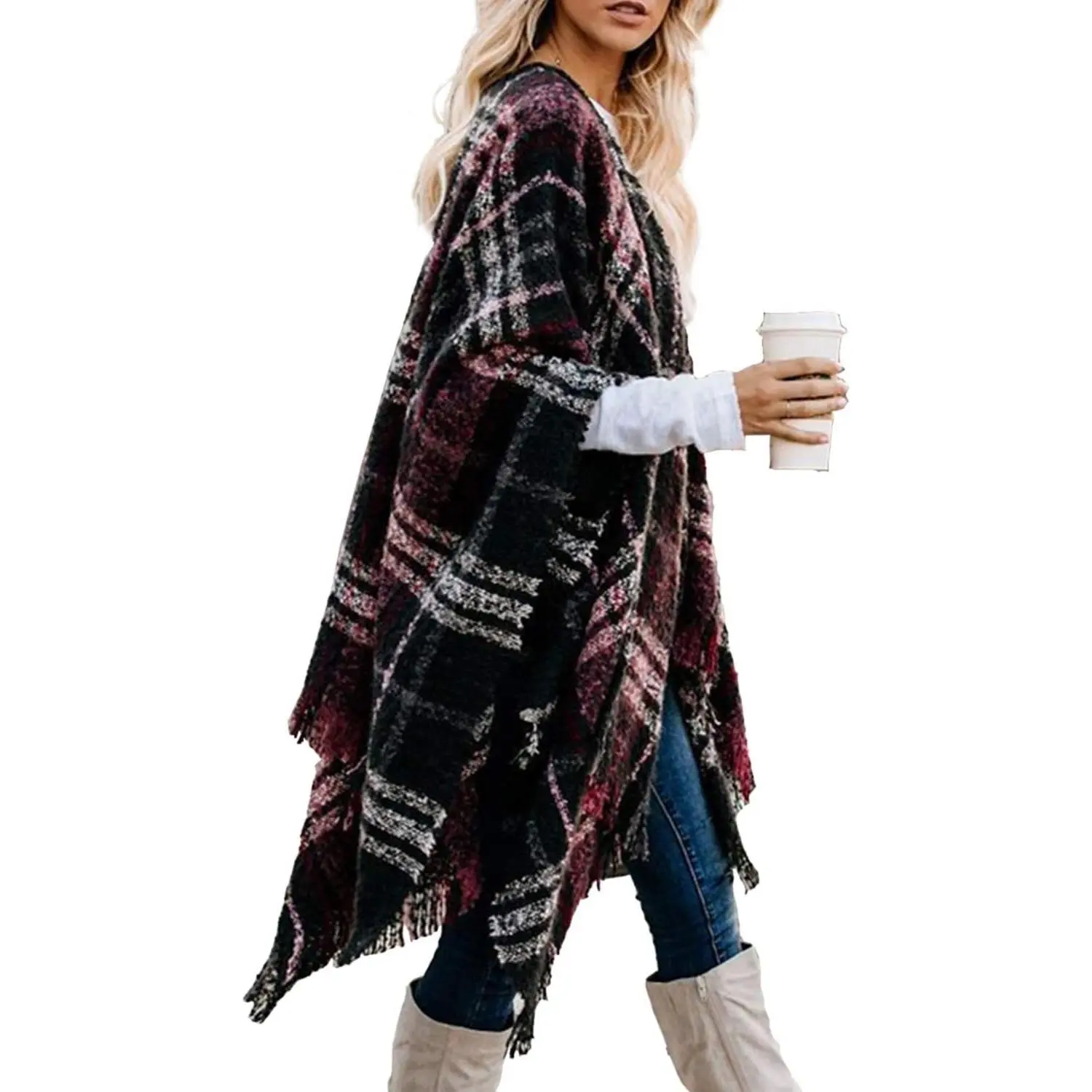 Women's Boho Open Front Poncho Knitted Plaid Shawl Wrap Cape Tassel Cardigan Sweater