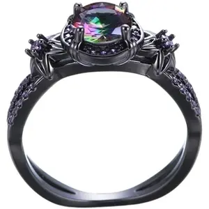 Gothic Black Retro Rings for Women Mystic Rainbow Topaz with Created Amethyst Flower Wedding Engagement Ring Gothic Black Gold CZ Amethyst Ring