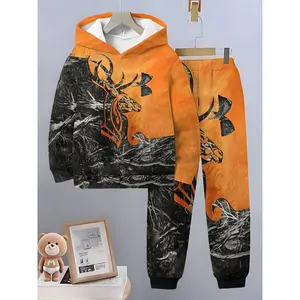 Children’s Fashion Deer Pattern Two-Piece Hoodie Set, Artistic Graphic Casual Wear, All Seasons, Fitted Sweatshirt