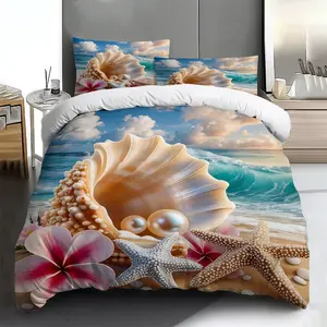 Three-piece bedding set - 2pcs/3pcs 2D Flat seashell and starfish pattern duvet cover set (1 duvet cover + 1/2 pillowcases, no insert), printed bedding set, soft and comfortable, suitable for family bedrooms and guest rooms, suitable for all seasons.