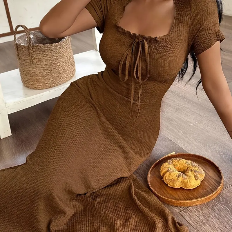 Square Neck Long Casual Solid Dress, Women's Fashionable Daily Wear, Comfortable and Stylish, Perfect for All Occasions