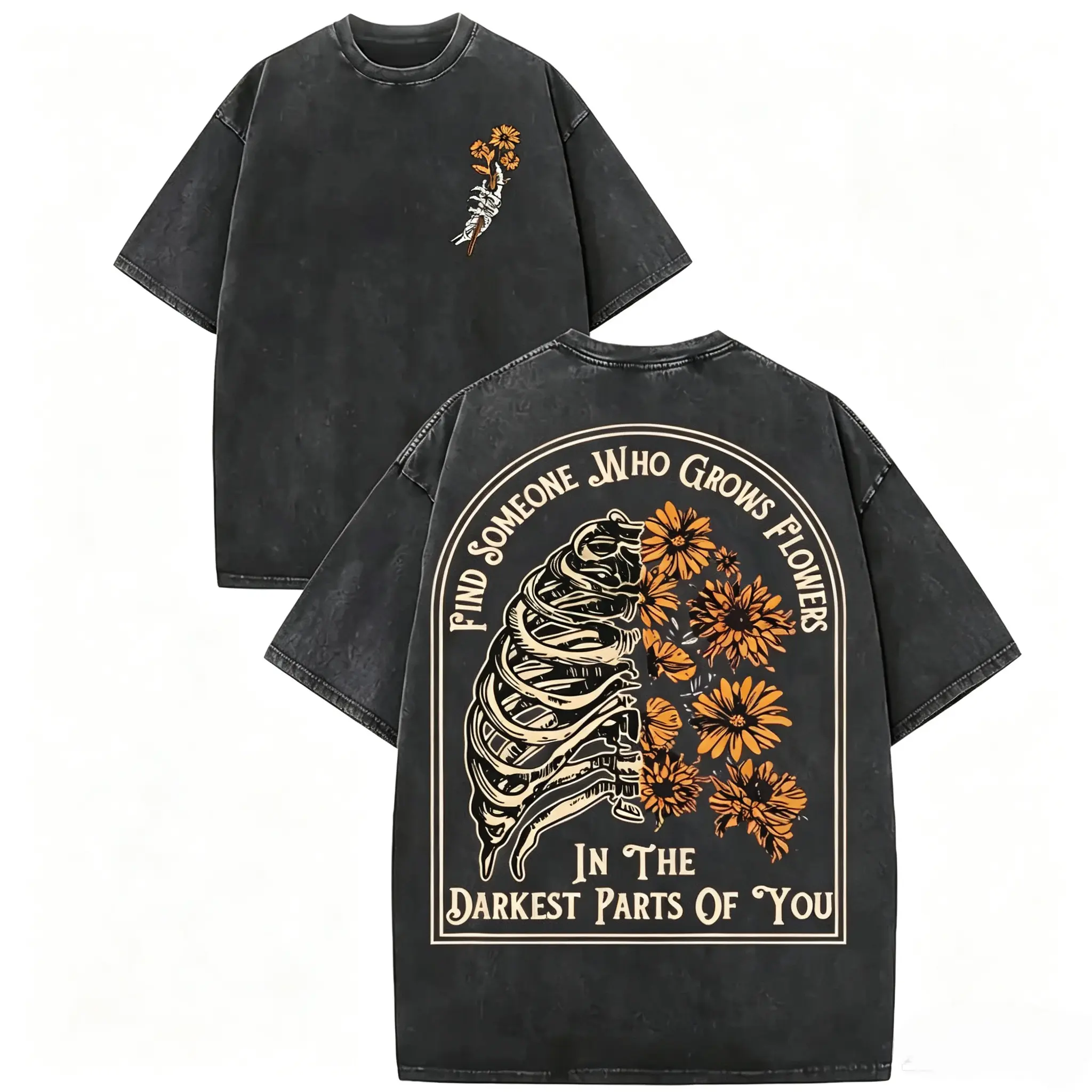 Find Someone Who Grows Flowers Vintage Washed T-Shirt – Skeleton Sunflower Healing Graphic Tee, Moody Romantic Casual Wear, Gift for Gothic Aesthetic Lovers