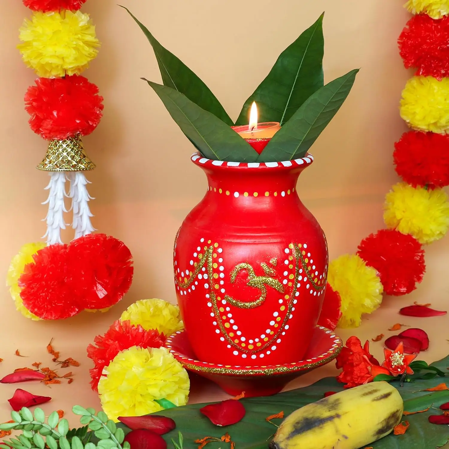 Red Ceramic Kalash Puja Decoration - Includes Plate & Diwali Diya,Decorative Glitter OM Lota Hindu Gifts for Diwali Home Decor Mandir Temple Altar Pooja Decor Hindu Wedding Housewarming Gifts