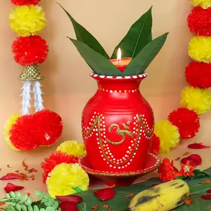 Red Ceramic Kalash Puja Decoration - Includes Plate & Diwali Diya,Decorative Glitter OM Lota Hindu Gifts for Diwali Home Family Decor Mandir Temple Altar Pooja Decor Hindu Wedding Housewarming Gifts Stylish Religious Ornaments Spiritual Symbol Decor