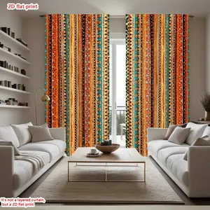 2D Flat 2Pcs Tribal Striped Curtains, Bohemian Pattern Window Drapes, Rod Pocket Semi Blackout for Living Room Bedroom, Decorative Treatments, Home Decor Accent Piece, Interior Decoration Accessories