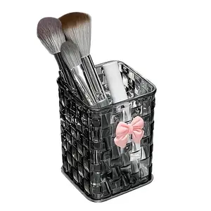 Transparent Makeup Brush Organizer with Bow Decor, Braided Texture Plastic Storage Box, Suitable for Brushes & Accessories, Home Office Use, Makeup Brush Holder