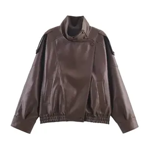 Women's Faux Leather Jacket Black Long Sleeve Motorcycle Style Street Outerwear custom shirt women Halter Open Back Impact Sports Bra