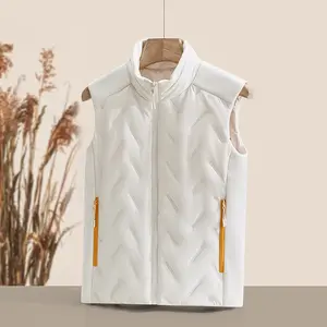 Men's White Quilted Stand Collar Vest, Casual Warm Sleeveless Jacket with Yellow Zipper Pockets