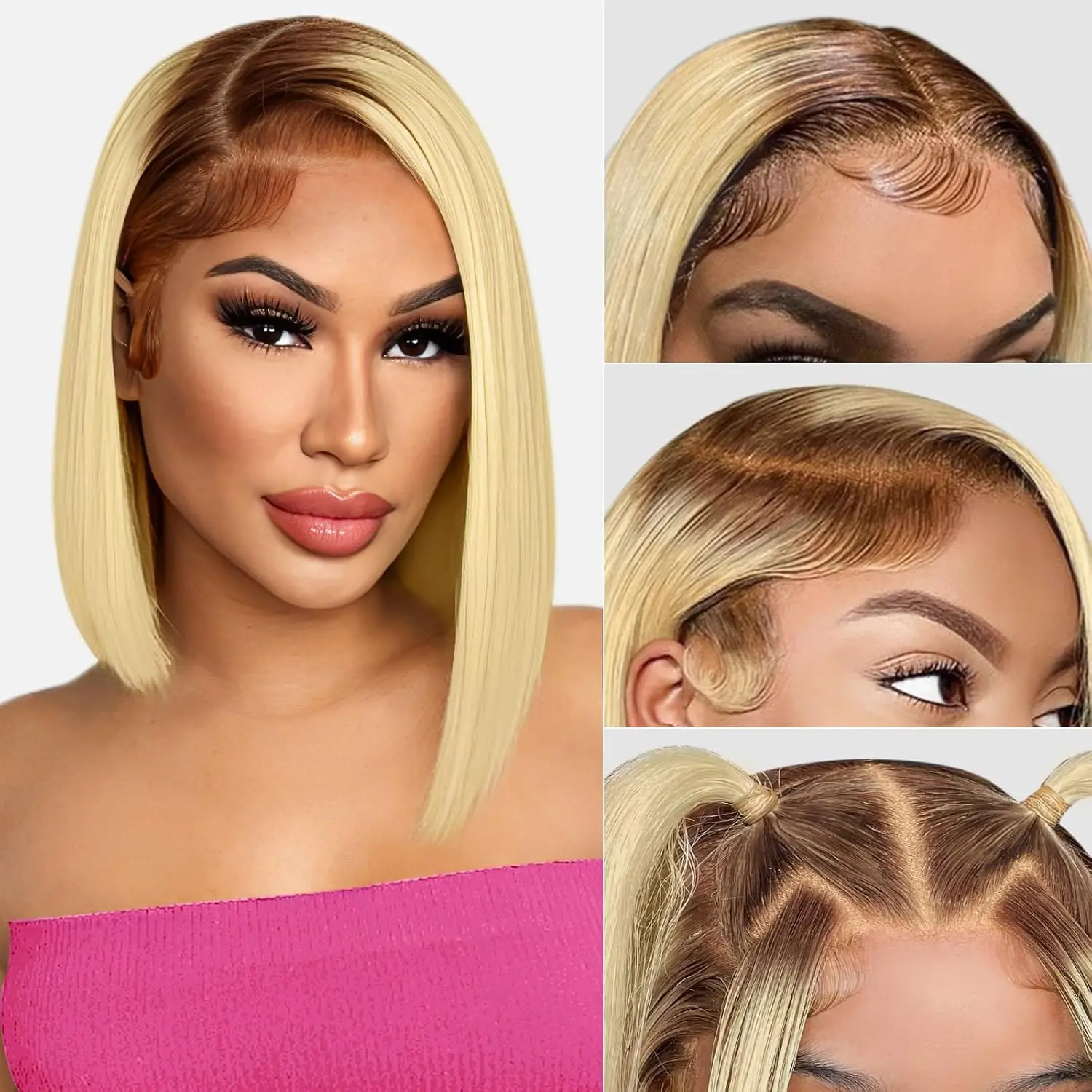 Vinisay 4/613 Ombre Blonde Bob Wig Human Hair 13x4 Frontal Lace Wigs for Women with Baby Hair Brazilian Straight Short Bob Wigs 180% Density Glueless Wigs Human Hair Pre Plucked