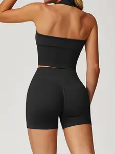 Women's Seamless Halter Neck Yoga Tank Top + Sports Shorts Removable Padded Backless Sports Bra Quick-Dry Running Fitness Bra Sexy Yoga Wear for Women Backless Gym Clothes