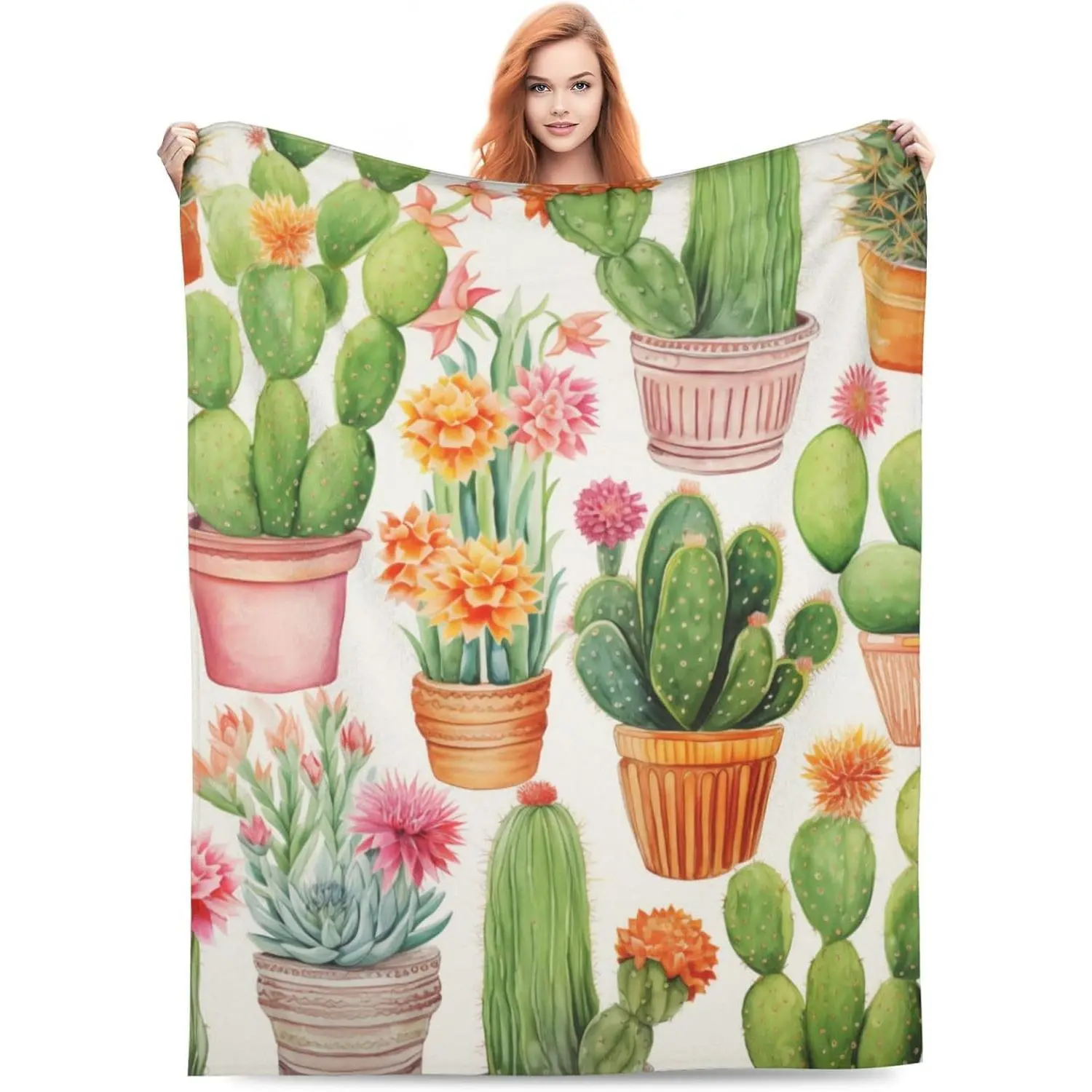 Cactus Print Flat Weave Throw Blanket - Soft, Warm, Breathable, Cooling, Durable, Fade-Resistant, Modern Plant-Themed, 152cm×127cm(50×60in) - Christmas, Birthday Gift, Home Living Room Decor