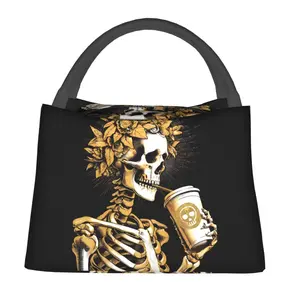 1 skull coffee drinking pattern, suitable for home, office, construction site, and outdoor use, portable and reusable for both men and women, suitable for picnicking, hiking on the beach, storage of supplies, insulated and refrigerated lunch bags
