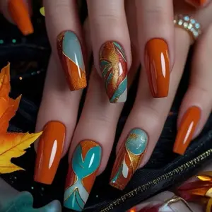 Long-length, detachable, glossy, ballet-style, wearable nails, maple leaf, red, color-blocking, pattern, nail art pieces, gel type, press-on false nails, spring and summer style, 24 glossy pieces, detachable, false nails, nail stickers