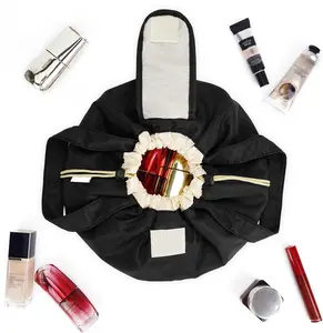 Lay Flat Open Drawstring Makeup Bag, Large Cosmetic Bag for Girls, Cute Make up Bags with Handle, Portable Travel Toiletry Bag for Skincare, Brushes