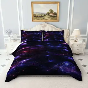 Galaxy Starry Sky Bedding Set, Soft Breathable Polyester, Includes 1 Quilt and 2 Pillowcases, Universe Theme
