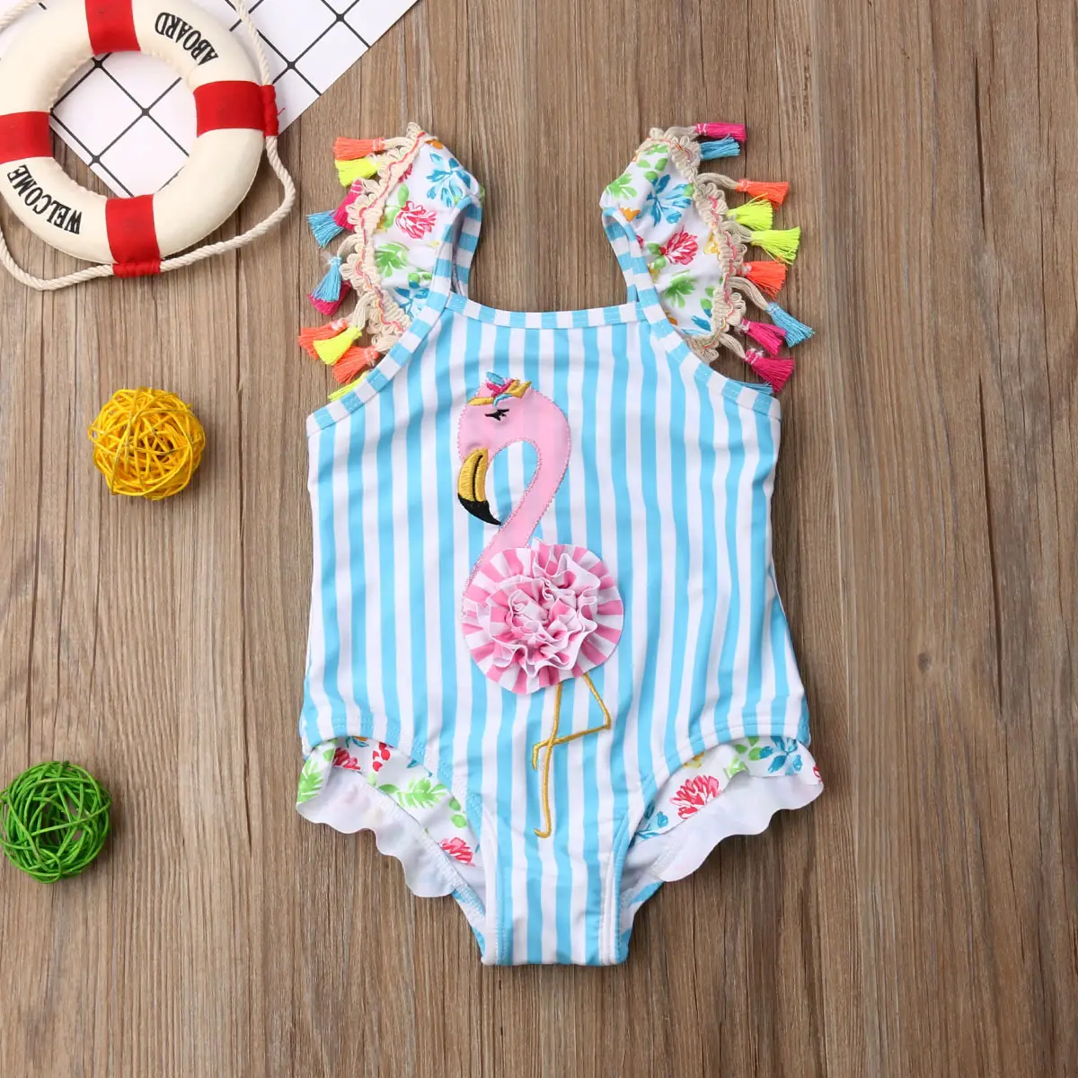 Baby Girls Swimsuit Sleeveless 3D Flamingo Tassels Ruffle Stripe Swimwear Kids Summer Cute Bathing Suit