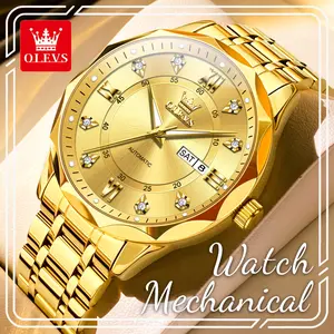 OLEVS 6727 Men's Automatic Mechanical Watch, Premium Gold Dial, Luminous Waterproof Stainless Steel Wristwatch with Day-Date, Luxury Business Casual Watch for Men