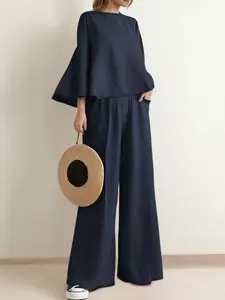 Women's Solid Color Set, Round Neck Shirt + High Waist Wide Leg Pants with Pockets, Casual Loose Fit, All Seasons, Womenswear