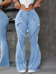 Patchwork Frayed Trim Slim Fit Flared Jeans