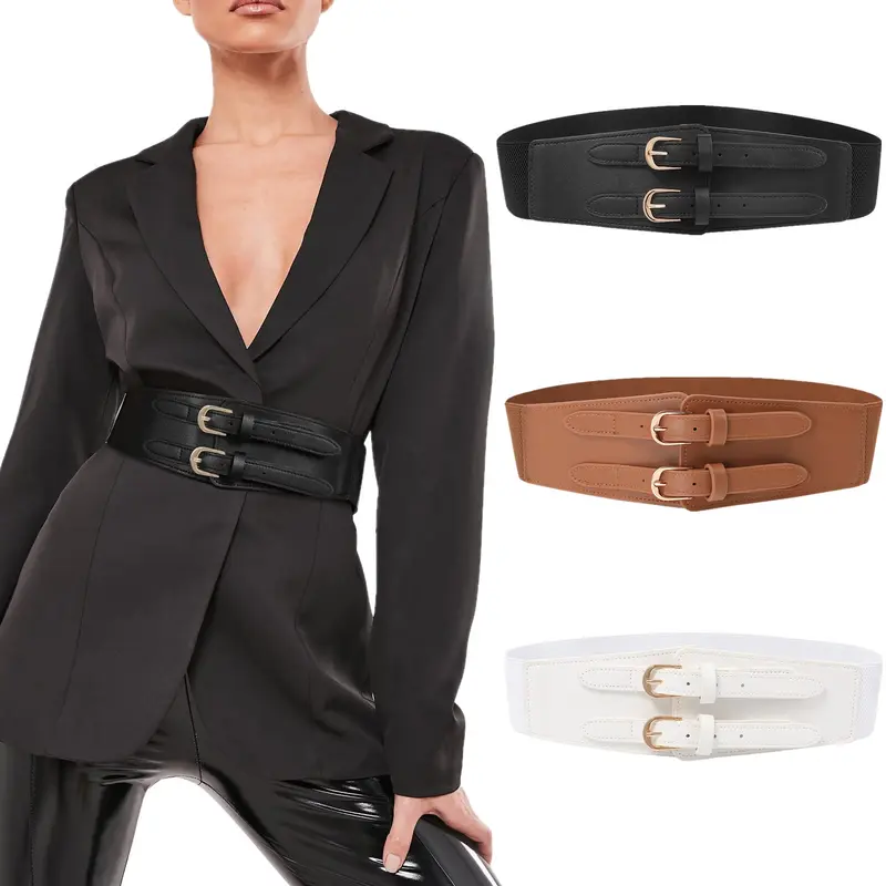 Women Black Elastic Waistband Belt Gold Hook Buckle Leopard Animal Print L XL