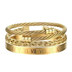 Stainless Steel Rope Chain Square Head 3-Piece Set Men's Cross Open Cuff Bracelet Bangle