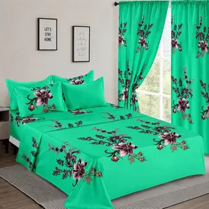 Cyan Floral Bedding Set with Vibrant Green and Pink Floral Patterns for a Stylish Bedroom Decor