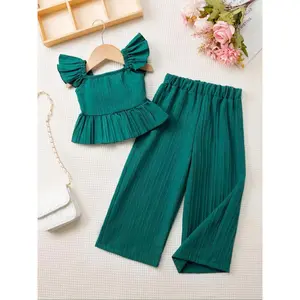 Two-Piece Set Toddler Girl's Solid Ruffle Trim Top & Wide Leg Pants Set, Casual Elegant Square Neck Top & Trousers  Daily Outdoor Wear, Kids Clothes  Summer for