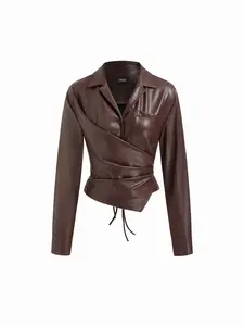 Cider Faux Leather Collar Long Sleeve Wrap Tie Back Blouse