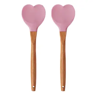 2Pcs Pink Heart-Shaped Silicone Spatula with Wooden Handle for Nonstick Cookware-Kitchen Utensils for Baking,Cooking,Mixing,Scraping,and Stirring