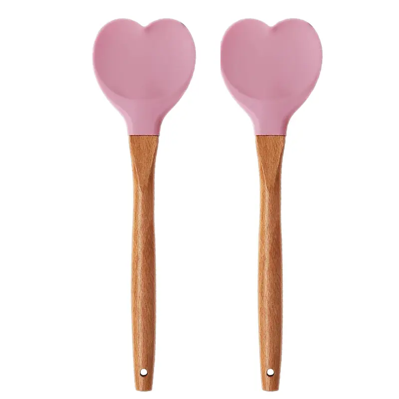 2Pcs Pink Heart-Shaped Silicone Spatulas with Wooden Handle, Hanging Kitchen Utensils for Nonstick Cookware, Baking and Mixing