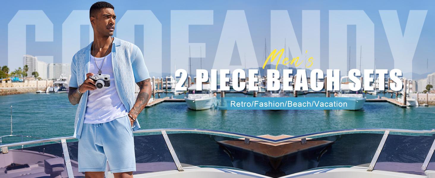 COOFANDY Men's 2 Piece Outfit Vintage Short Sleeve Button Down Knit Polo Shirts Casual Beach Shorts Sets