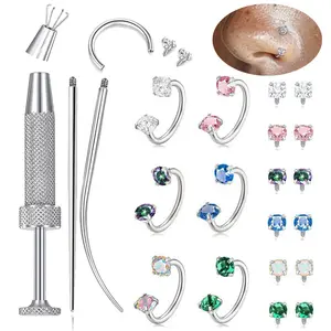 Horseshoe Nose Rings Surgical Steel Half Hoop Earrings for Women Internally Threaded Cartilage Helix Tragus Earrings Double CZ Eyebrow Lip Piercing 18G 8MM Silver Gold Plated