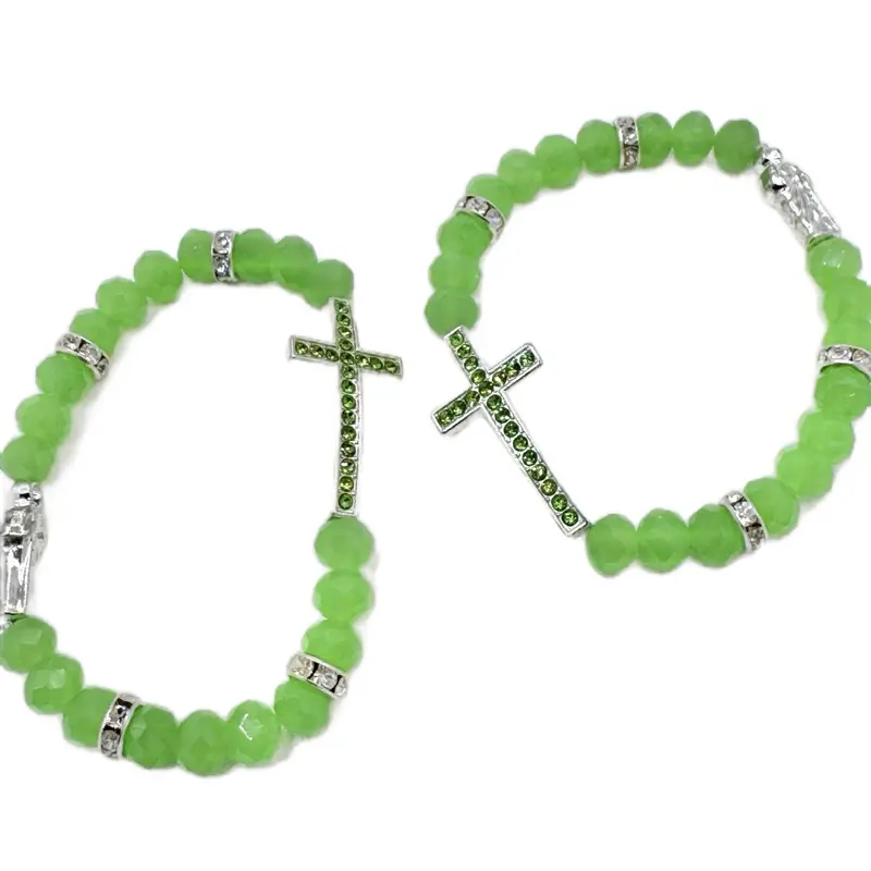 12pcs Religious Baptism Favor Electric Bracelets with Cross Charm, Acrylic Beads, Clear/Gold Stackable Faith Wear Jewelry & Free Bags - Bautizo Festive Party Gift Supplies for Home & Party Needs, Stackable Bracelets