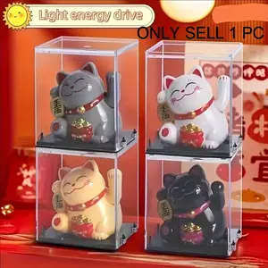 Solar-Powered Mini Lucky Cat Statue, Traditional Chinese Prosperity Decor, Car Dashboard & Desk Ornament, Festive Home Office Decoration