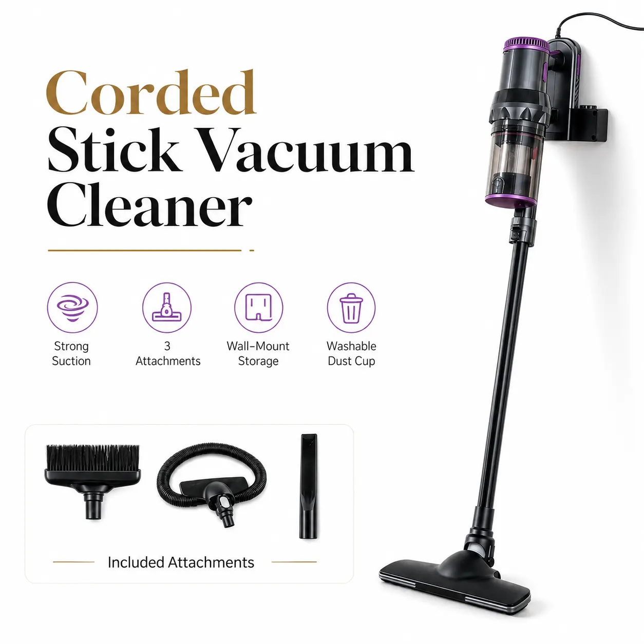 Pure Nova 500W Motor Corded Handheld Stick Vacuum Cleaner - Handheld Vacuums for Household Pet Hair Cleaning, 15KPa Suction, 110V US Plug, HEPA Filter, Lightweight, Attachments Kit Included, Multimode