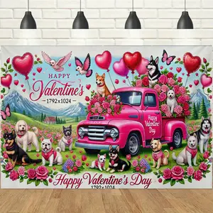 1pc 2D Valentine's Day Pink Truck Theme Banner, Cute Pets & Roses with Heart Balloons, Romantic Sweet & Festive Vibe, Perfect for Valentine's Parties, Couple Dates & Romantic Gatherings Decor Backdrop