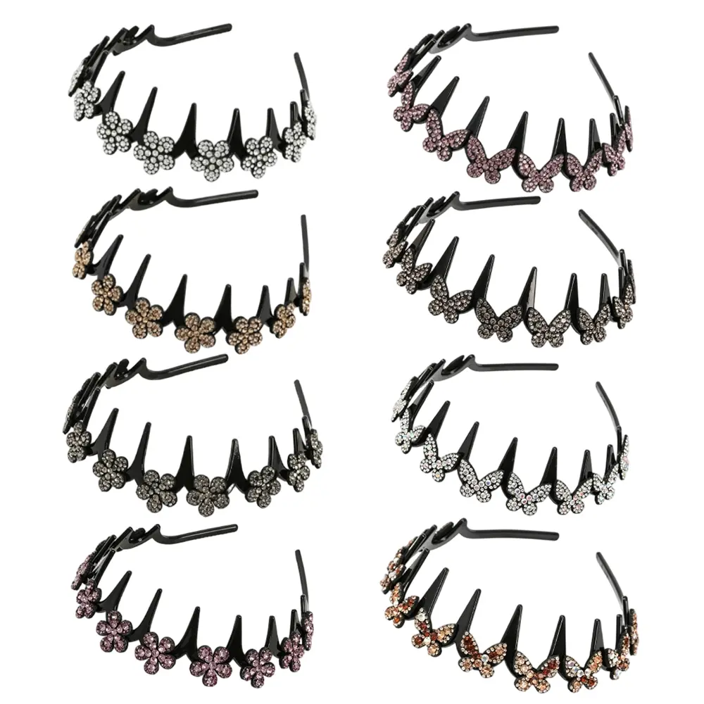 8Pcs Wave Rhinestone and Butterfly Crystal Teeth Comb Headbands For Women, Non-slip Hard Headbands
