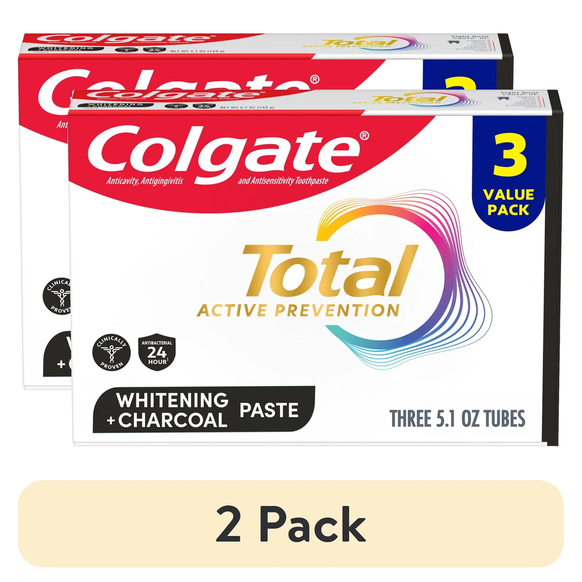 (2 pack) Colgate Total Active Prevention Whitening and Charcoal Toothpaste, Mint, 3 Pack, 5.1 oz