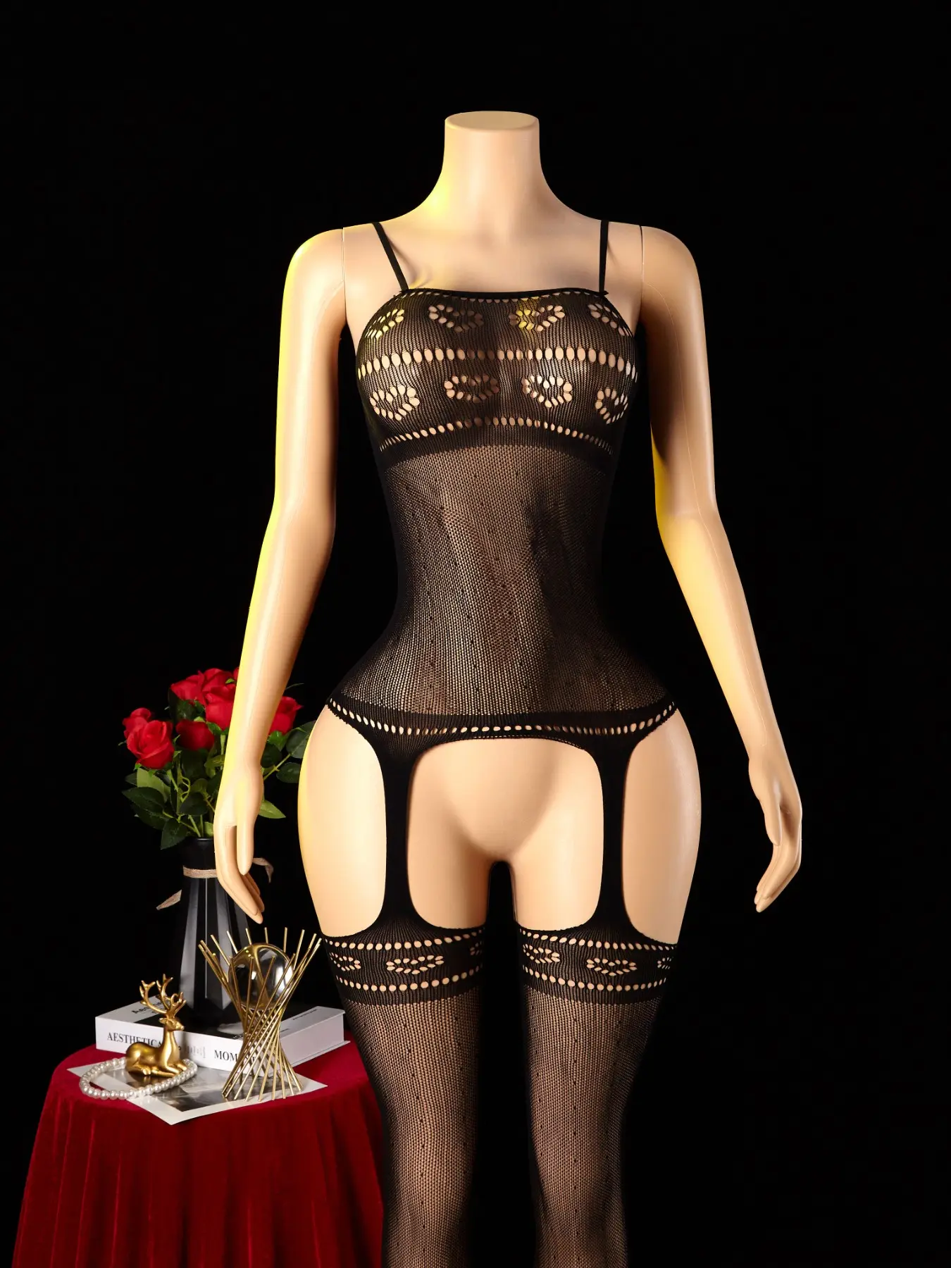 Lace Fishnet Bodysuit Set, Sheer Mesh Halter Top + Pantyhose, Open Crotch Elastic Underwear, Ideal for Bedroom, Role Play, Night Out